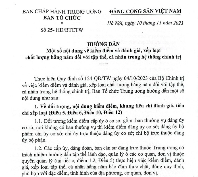 HƯỚNG DẪN Một số nội dung về kiểm điểm và đánh giá, xếp loại chất lượng hằng năm đối với tập thể, cá nhân trong hệ thống chính trị